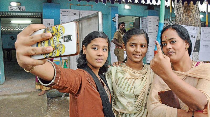 Young voters take a selfie after voting- after voting in RK Nagar on Thursday. (Photo: DC)