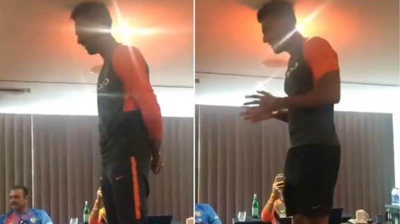 In an epic video going viral on social media, the two cricketers were spotted delivering a  newcomer  speech inside the Indian dressing room. (Photo: Twitter)