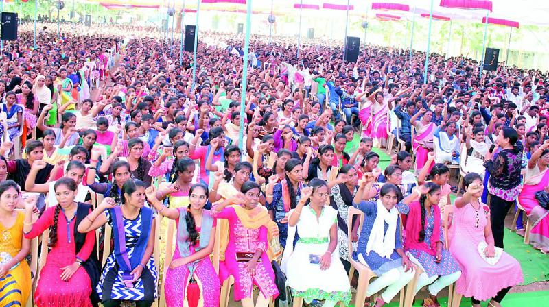 Students at the state-level convention held at Kazipet on Monday.  (DC)