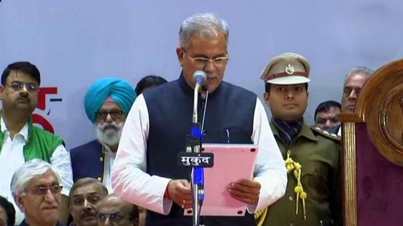 Bhupesh Baghel administered oath of office by Governor Anandiben Patel at the ceremony held at an indoor stadium in Raipur. (Photo: ANI)
