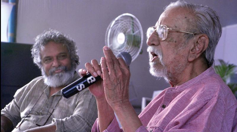 Veteran actor Charuhasan along with theatre director Chandradasan at an interactive session during Krithi International Book Fest in Kochi on Wednesday.  (SUNOJ NINAN MATHEW)