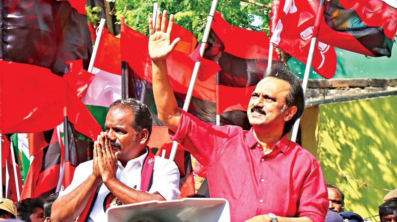 DMK working president M.K. Stalin campaigns for his party candidate Marudhu Ganesh in RK Nagar on Tuesday. (Photo: DC)