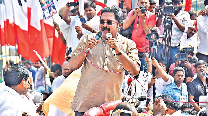 T.T.V. Dhinakaran, accompanied by his supporters, campaigns on the last day for electioneering at Chennais RK Nagar Assembly constituency on Tuesday.