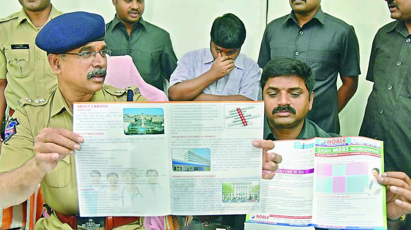 P. Radhakishan Rao, DCP, task force, addresses the media on the fake educational consultancy racket in Secunderabad on Thursday.  (Photo: DC)