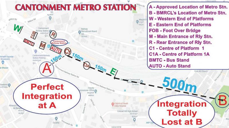 (Left) A map showing the two proposed locations of Cantonment Metro station. The Cantonment Railway station. (photo: DC)