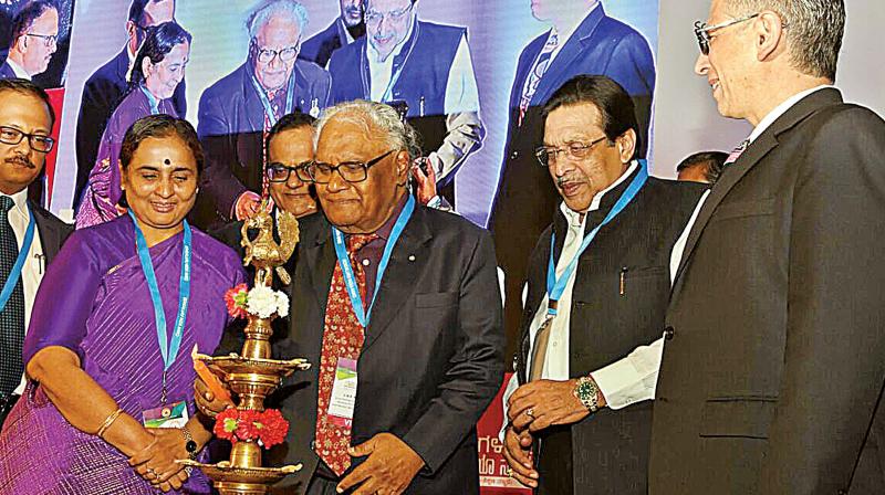 Noted scientist Prof. C.N.R. Rao, Chief Secretary, K. Ratnaprabha, Minister M.R. Seetharam and others during the inauguration of Bengaluru India Nano 2017 in Bengaluru on Thursady DC