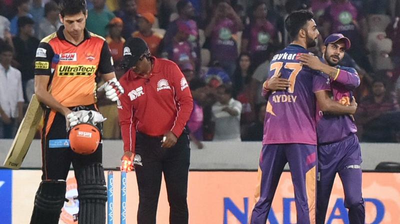 Rising Pune Supergiant cricketers celebrate win over SRH during an IPL match in Hyderabad on Saturday. (Photo: AP)