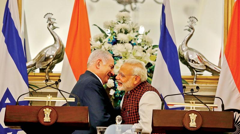 Prime Minister Narendra Modi and Israeli Prime Minister Benjamin Netanyahu in New Delhi on Monday. (Photo: AP)