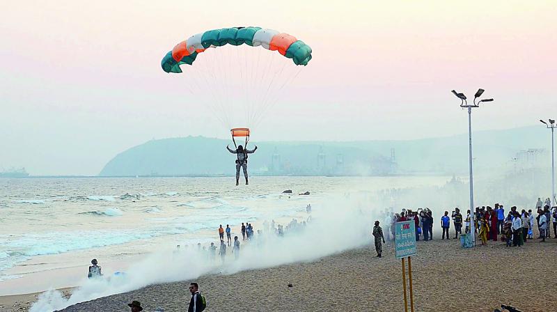 File photo of sky divers landing at the Ramakrishna Beach in Vizag.
