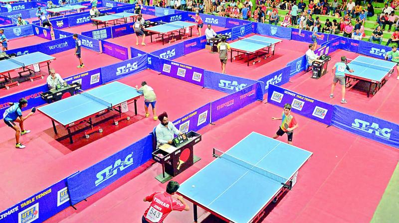 TT players in action at the 11th National Ranking Table Tennis Championship in Vijayawada on Thursday. (Photo: DC)