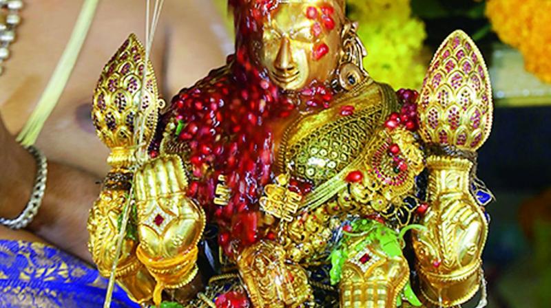 The processional deity of Sri Padmavathi Devi is decked with fruits and floral garland.