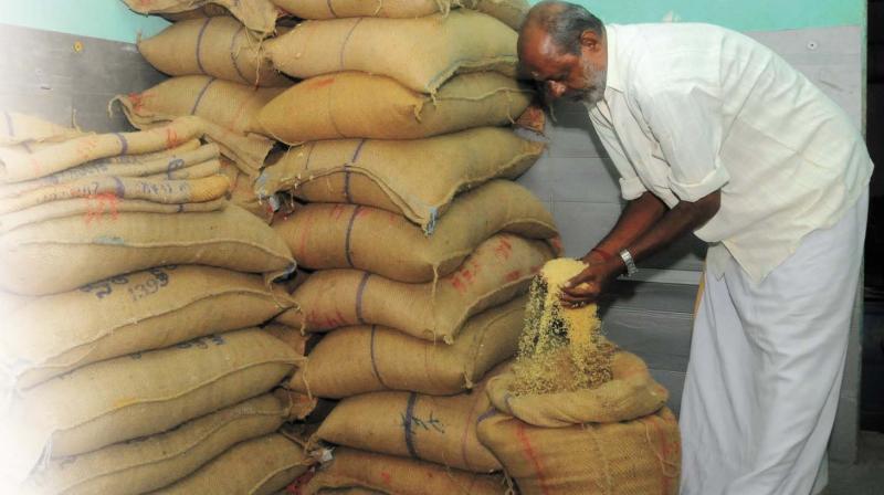 Rice stocked at the ration shop at Kannammoolla in Thiruvananthapuram. (Photo: DC)