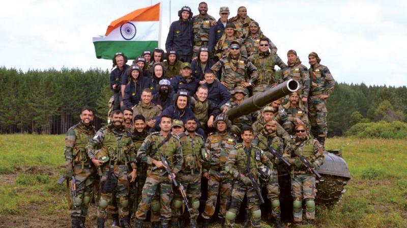 Indian contingent personnel pose with their Russian counterparts on the closing day at Chebarkul
