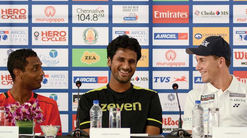 Home boys Ramkumar Ramanathan (from left) and Saketh Myneni along with Norways Casper Ruud at the draw ceremony of the Chennai Open 2017 on Saturday.