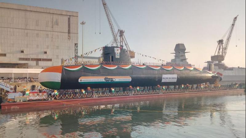 Submarine Karanj has an overall length of 67.5 metre and a height of about 12.3 metres.  (Photo: Twitter | @indiannavy)