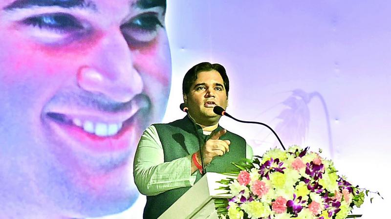 Varun Gandhi speaking at his book release function in Hyderabad on Tuesday. (Photo: DC)