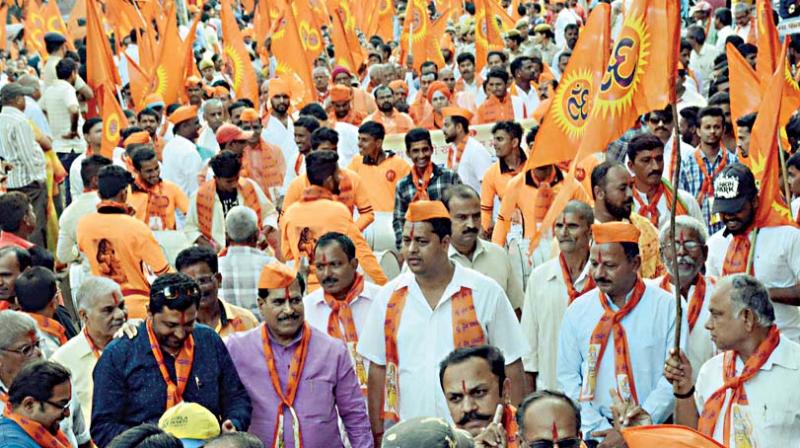Vishwa Hindu Parishad activists take part in the Janagraha rally in Belagavi on Tuesday to exert pressure on the Centre to bring an ordinance to enable construction of the Ram Temple in Ayodhya