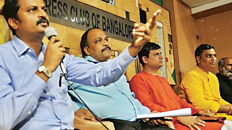 A file picture of lawyers along with Sanatan Sanstha members addressing a press meet in Bengaluru (Photo: DC)