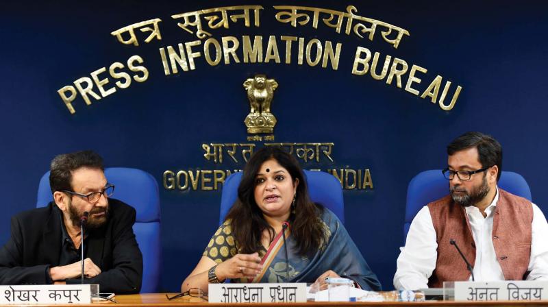 Chairpersons of the three juries (Feature, Non-feature and Writing) Shekhar Kapur, Aradhana Pradhan and Anant Vijay during a press conference to announce the 65th National Film Awards for the different categories, in New Delhi on Friday. (Photo: PTI)