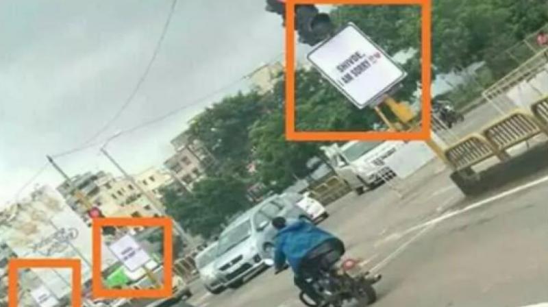 Several posters, carrying the line (name of the girl), I am sorry in bold print with a heart symbol beside it in red, were seen dotting the area especially prominent traffic intersections. (Photo: Twitter | man_with_class)