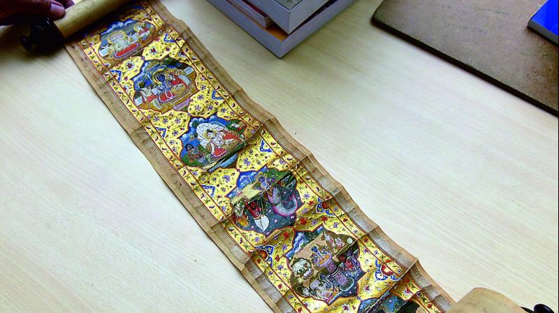 The Mahabharata manuscripts are of different sizes: one is 18 inches x 6 inches and the other, 20 inches x 10.1/4 inches.