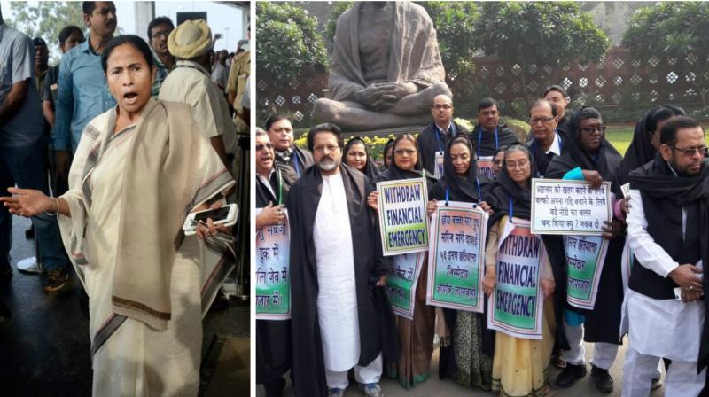 West Bengal Chief Minister Mamata Banerjee led a protest march to President Pranab Mukherjees house after TMC members protested near Gandhi statue inside Parliament premises. (Photo: PTI/ANI)