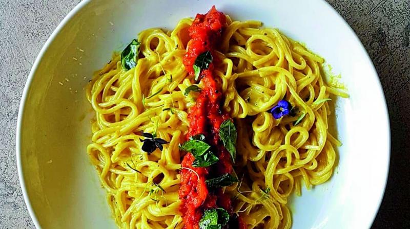 Spaghetti Aglio-e-Cocco with Tamatar ka Kut  at Farzi Cafe