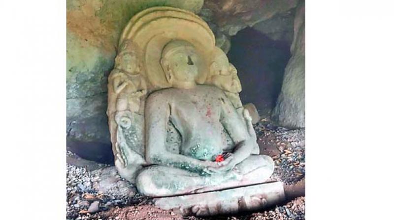 The statue of Jain Tirthankara found inside a cave on Aggalaiah Gutta in Hanamkonda.