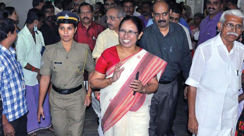 Health minister K.K.Shailaja arrives for the inauguration of Colour Doppler Echo Lab at super specialty block of Kozhikode Medical College Hospital on Tuesday. (Photo: DC)