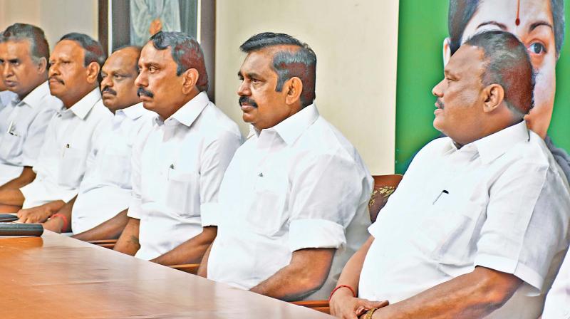 Chief Minister Edapadi K. Palaniswami meets party district secretaries and ministers at the party office on Thursday. (Photo: DC)