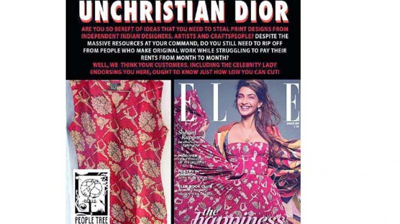 (Top) An FB post by Orjit Sen calling out Dior in January for plagiarising his Yogi artwork. (Above) Sonam Kapoors Dior outfit, and the original print (on left) are identicle