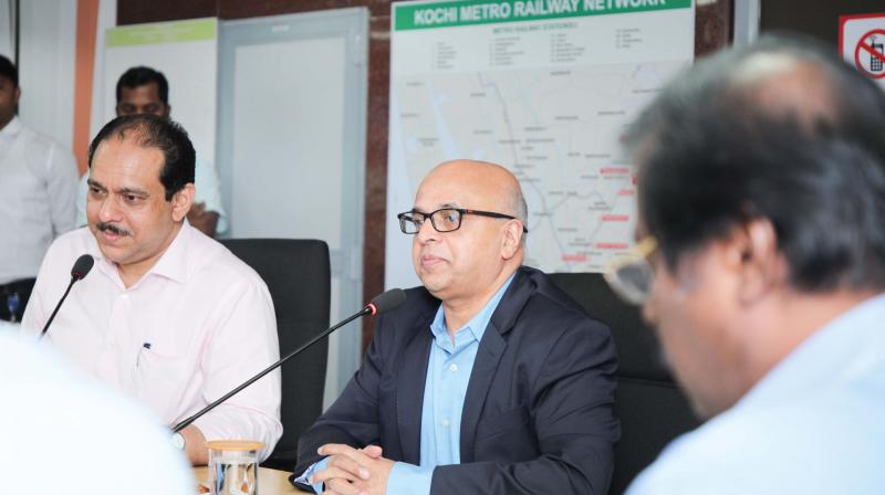 Chief secretary Tom Jose conducts a review meeting of the Kochi Metro in Kochi on Monday.