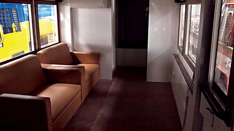 A view of the interiors of the bus in which JD(S) state president and former CM H.D. Kumaraswamy will be travelling during his poll campaign next year