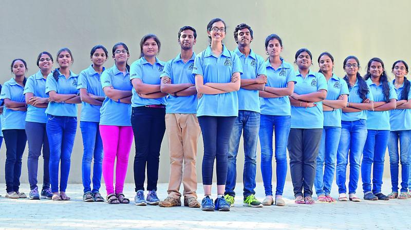 (Left to right) Shalini, Shravani, Swetha, Akshara, Nanditha, Vaishnavi, Pranathi, Phani Suraj, Anvita, Dinesh, Srujana, Manisha, Akhila, Apoorva, Sushma, Sahithi and Navya are some of the members of this enthusiastic team of Mechanical Engineers