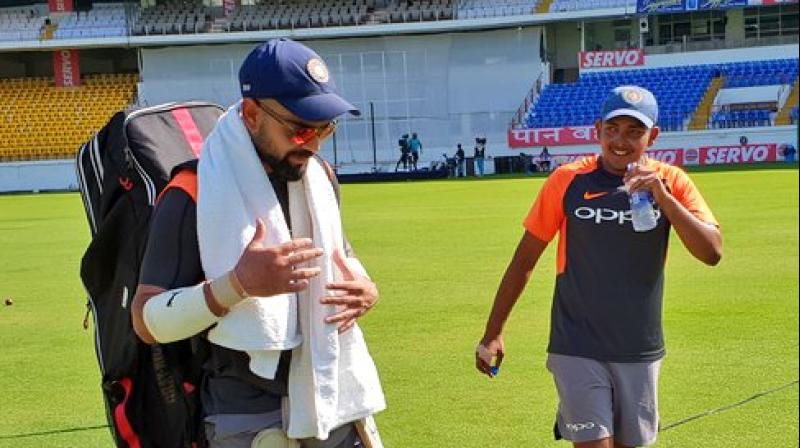 \Playing his first game, seeing him dominate - the guy (Prithvi Shaw) showed he is different quality. Thats why hes been pushed to the Test team. It is exciting to see from the captains perspective,\ said Virat Kohli. (Photo: Twitter / BCCI)