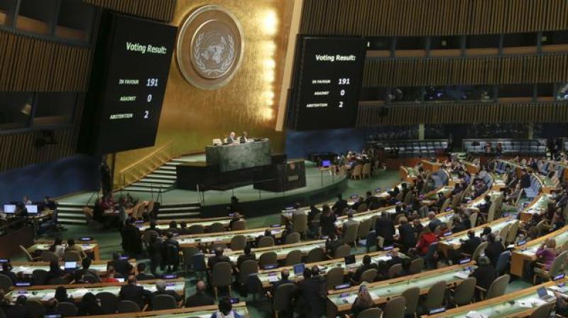 Large display monitors show the result of voting from member states during a meeting of the UN General Assembly, at U.N. headquarters. (Photo: AP)