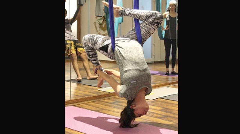 Sharanya demonstrates an aerial workout