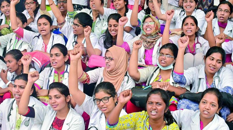 Junior doctors of Gandhi Hospital protest against the attack by family members of patients on Wednesday.  (Photo:DC)