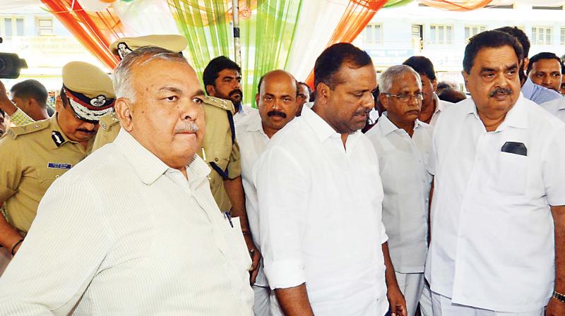 Home minister Ramalinga Reddy, forest minister Ramanath Rai and food and civil supplies minister U.T. Khader at a programme in Mangaluru on Wednesday