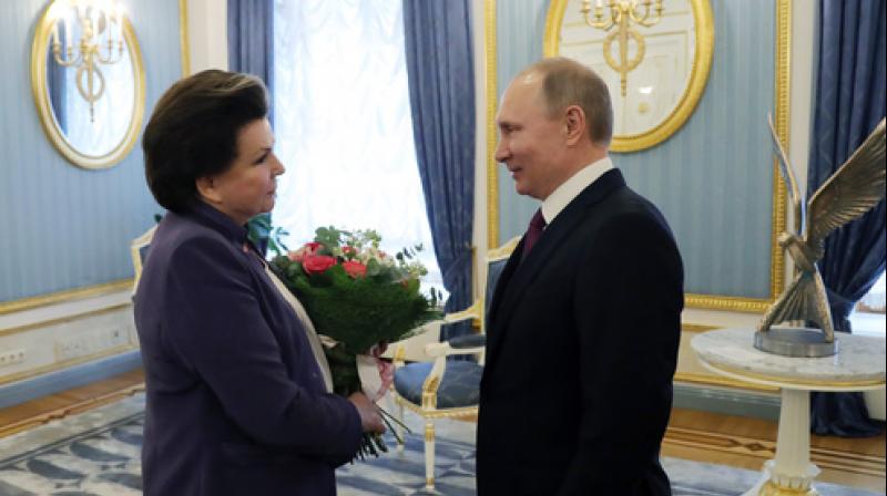Russian President Vladimir Putin, right, congratulates the first woman in space, cosmonaut Valentina Tereshkova, on her 80th birthday in Moscow, Russia, Monday, March 6, 2017. (Alexei Nikolsky/Sputnik, Kremlin Pool Photo via AP) Russian President Vladimir Putin, right, congratulates the first woman in space, cosmonaut Valentina Tereshkova, on her 80th birthday in Moscow, Russia, Monday, March 6, 2017. (Alexei Nikolsky/Sputnik, Kremlin Pool Photo via AP)