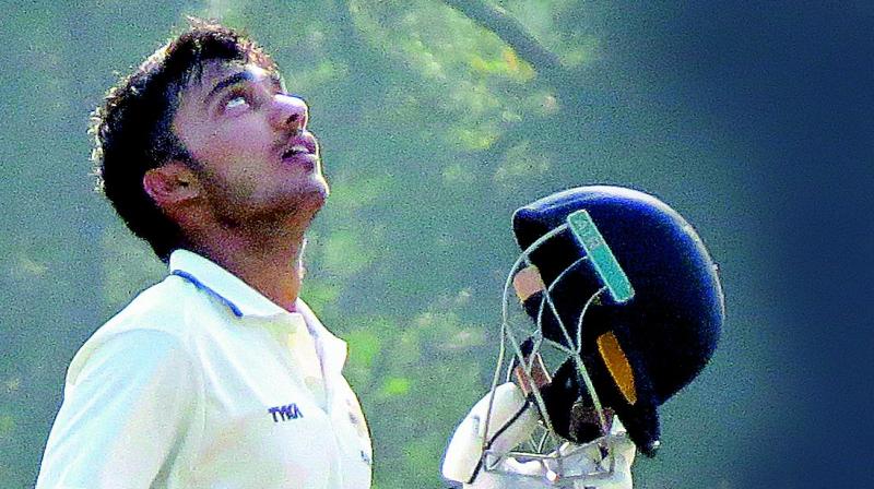 Hyderabad opener Tanmay Agarwal looks skywards in celebration after hitting his second successive century in the Ranji Trophy match against Jammu & Kashmir in Vadodara on Thursday.