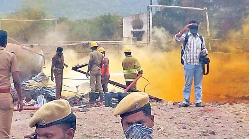 Fire tenders and several personnel from the fire department fought for several hours to douse the fire at Murungapatti near Tiruchy on Thursday. (Photo: DC)