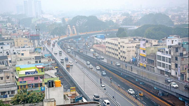 A view of vehicular movement on Anna Arch flyover connecting EVR Periyar Road with Third Avenue Road in Anna Nagar on Thursday. (Photo: DC)