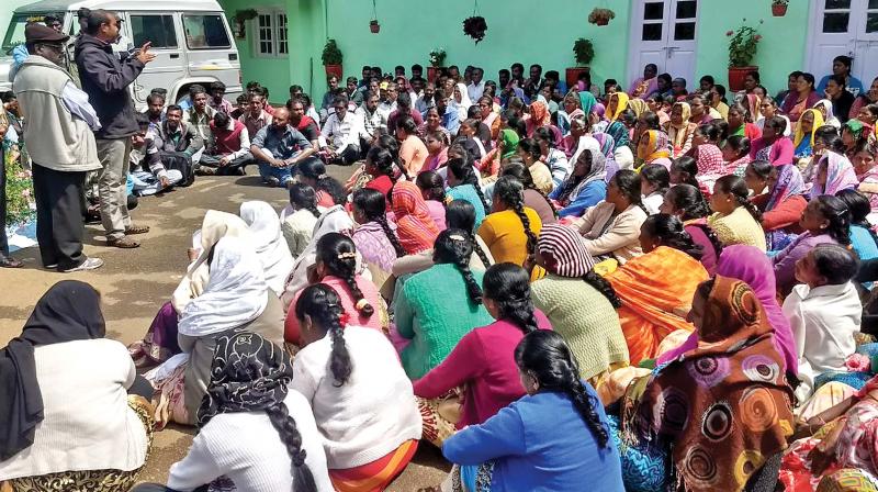 Casual labourers in government run gardens and farms in Nilgiris, who began an indefinite strike, stage a dharna at the Government Botanical Garden in Ooty.	(Image: DC)