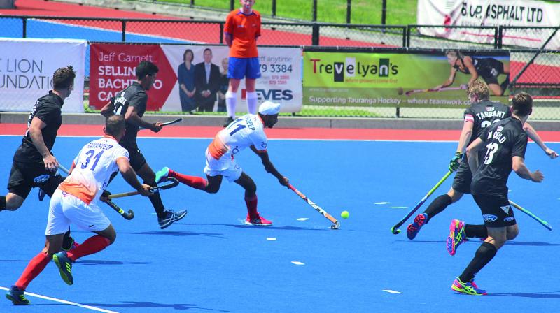 Action during the India-New Zealand match at the four-nation tournament in Tauranga on Saturday.