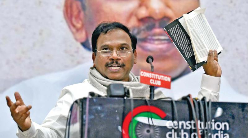 Former Telecom Minister A. Raja addresses the gathering at his book launch The 2G Saga Unfolds in New Delhi, on Saturday. (Photo: AP)