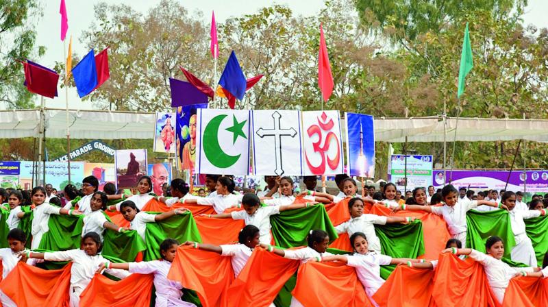 Students perform cultural programmes as part of R-Day celebrations in Nizamabad.