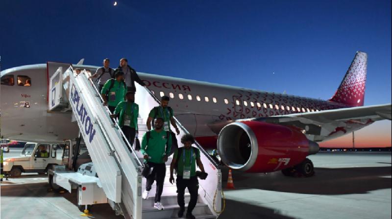 Saudi ARabia football team  were flying to Rostov-on-Don for their second match, against Uruguay on Wednesday, after they were thrashed 5-0 by Russia in the opening game of the tournament. (Photo: Twitter / Saudi Arabia national football team)