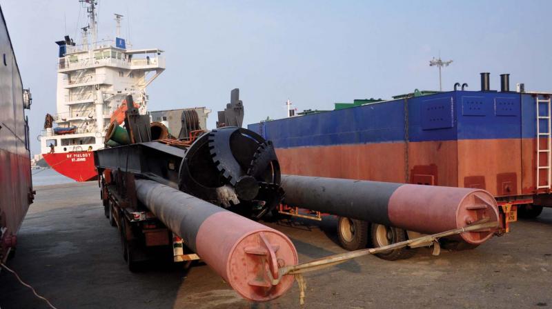 The indigenously built Cutter Suction dredger (CSD) all set to be loaded into a container ship at the Kochi port to be exported to Indonesia on Tuesday.	(Photo: DC)