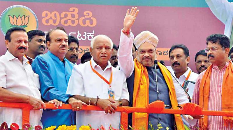 State BJP core committee members D.V. Sadananda Gowda, H.N. Ananth Kumar, B.S. Yeddyurappa and R. Ashok with party president Amit Shah during his recent visit to Bengaluru